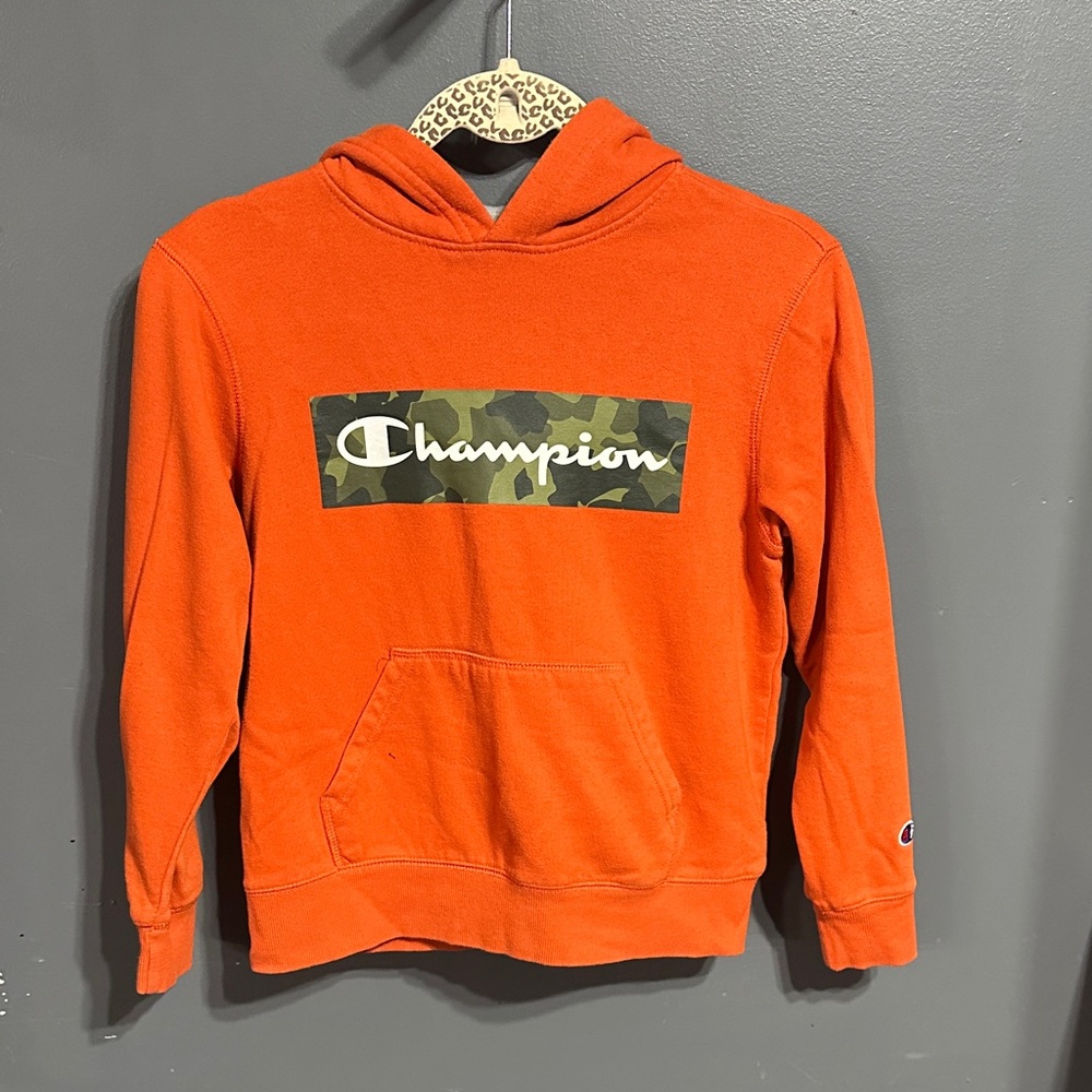 Champion Orange Hoodie with Green Camo Logo